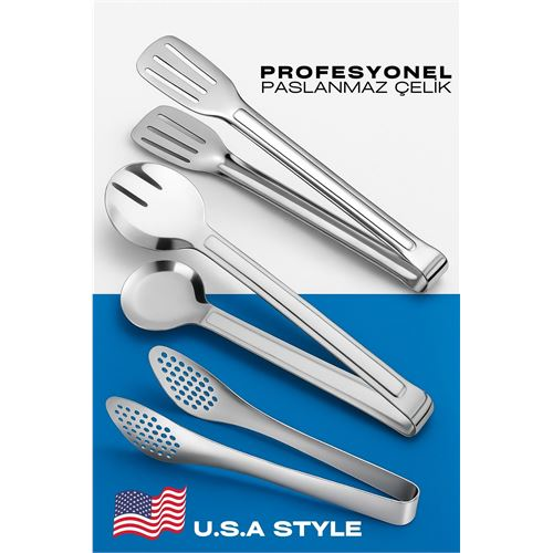 HSNET Amerikan Tip Mutfak Maşa Seti 3 LÜ SET 304 Paslanmaz Çelik