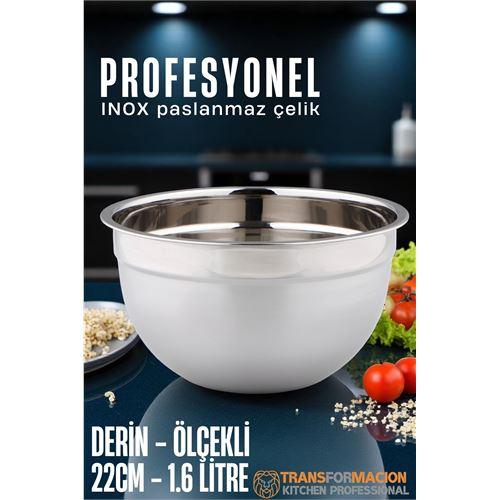 HSNET Inox Ölçekli Derin Kase - 22 Cm 1.6 Litre Karıştırma Kabı Profesyonel 304 Paslanmaz Çelik