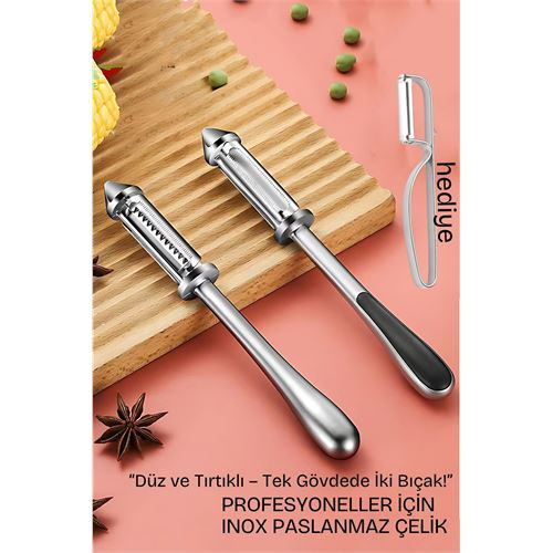 HSNET 2 Bıçaklı Inox Paslanmaz Çelik Sebze Soyacak | Düz ve Tırtıklı Bıçak | Çok Amaçlı Kullanım