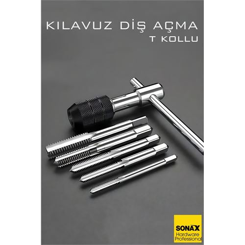 6'lı Diş Açma Kılavuz Seti – T-Kollu Endüstriyel Çelik M6-M12 Arası Dişli Matkap Ucu