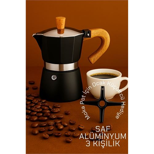 HSNET Italyan Moka Pot - 6061 Saf Alüminyum Ahşap Saplı - 3 kişilik SİYAH