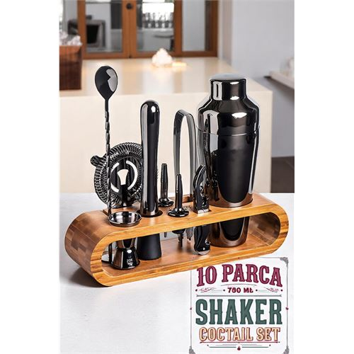 Shaker Kokteyl Set - 10 Parça 750 ML Shaker Coctail Set Bambu Standlı