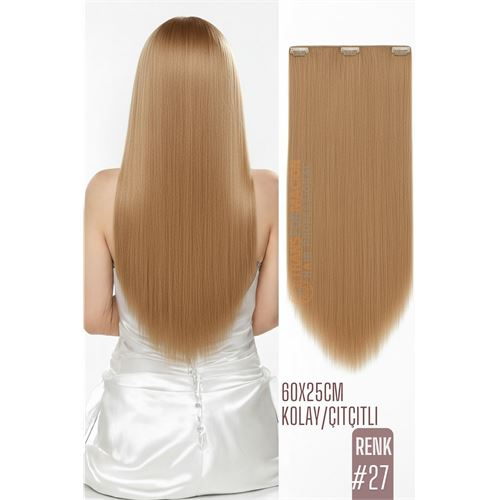 Doğal Görünümlü Düz Siyah Sentetik Kaynak Saç – RENK KOD:#27 Kolay Tak Çıkar Işıltılı Etki!