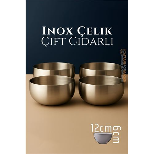 HSNET Çift Cidarlı Kase - Inox Çelik Kase 12 cm 4 LÜ SET