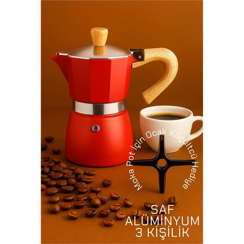 HSNET Italyan Moka Pot - 6061 Saf Alüminyum Ahşap Saplı - 3 kişilik KIRMIZI