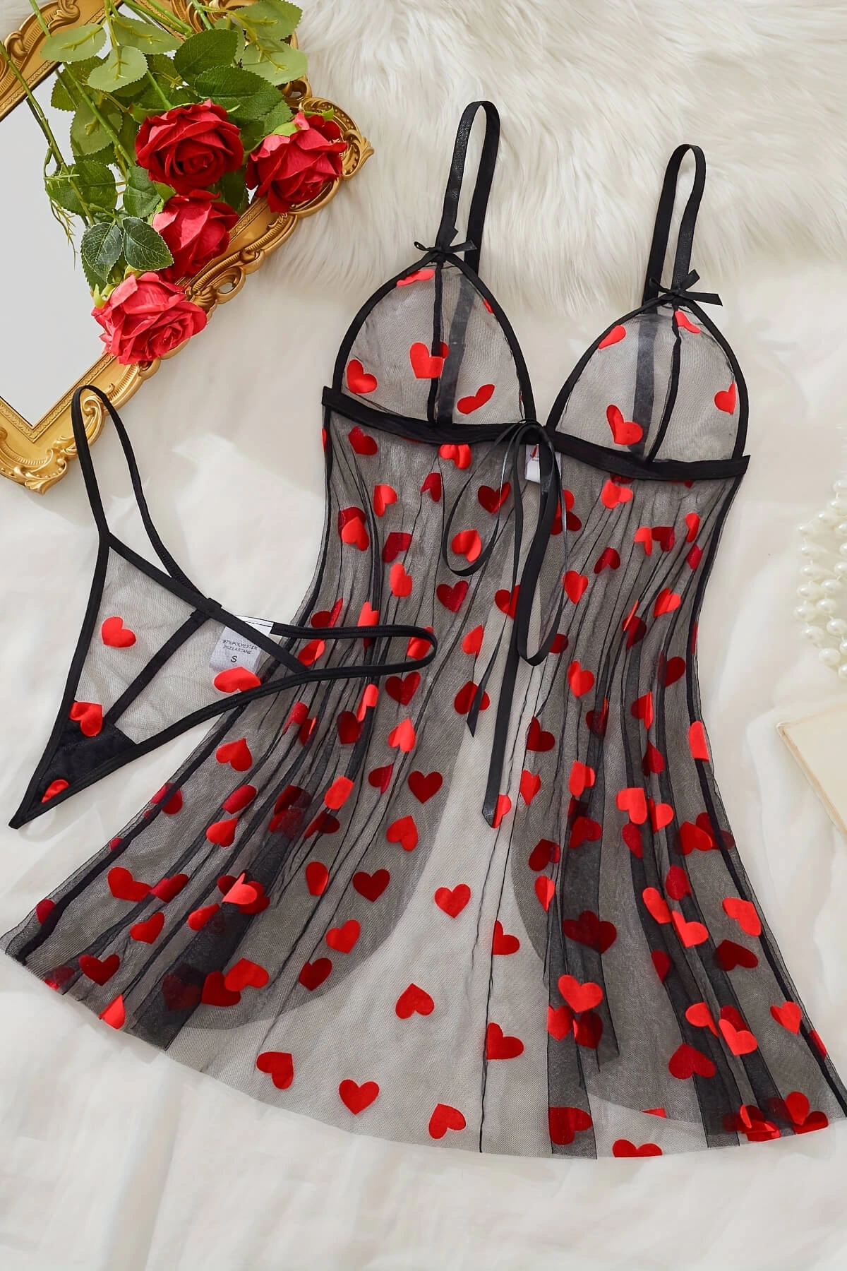 Kalp Desenli Siyah Transparan Gecelik TM1378 - Görsel 2