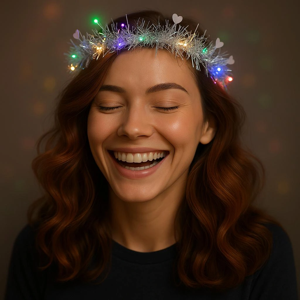 Kalp Püsküllü Gece Parıltısı 3 Modlu Led'li Işıklı Taç Gümüş Renk