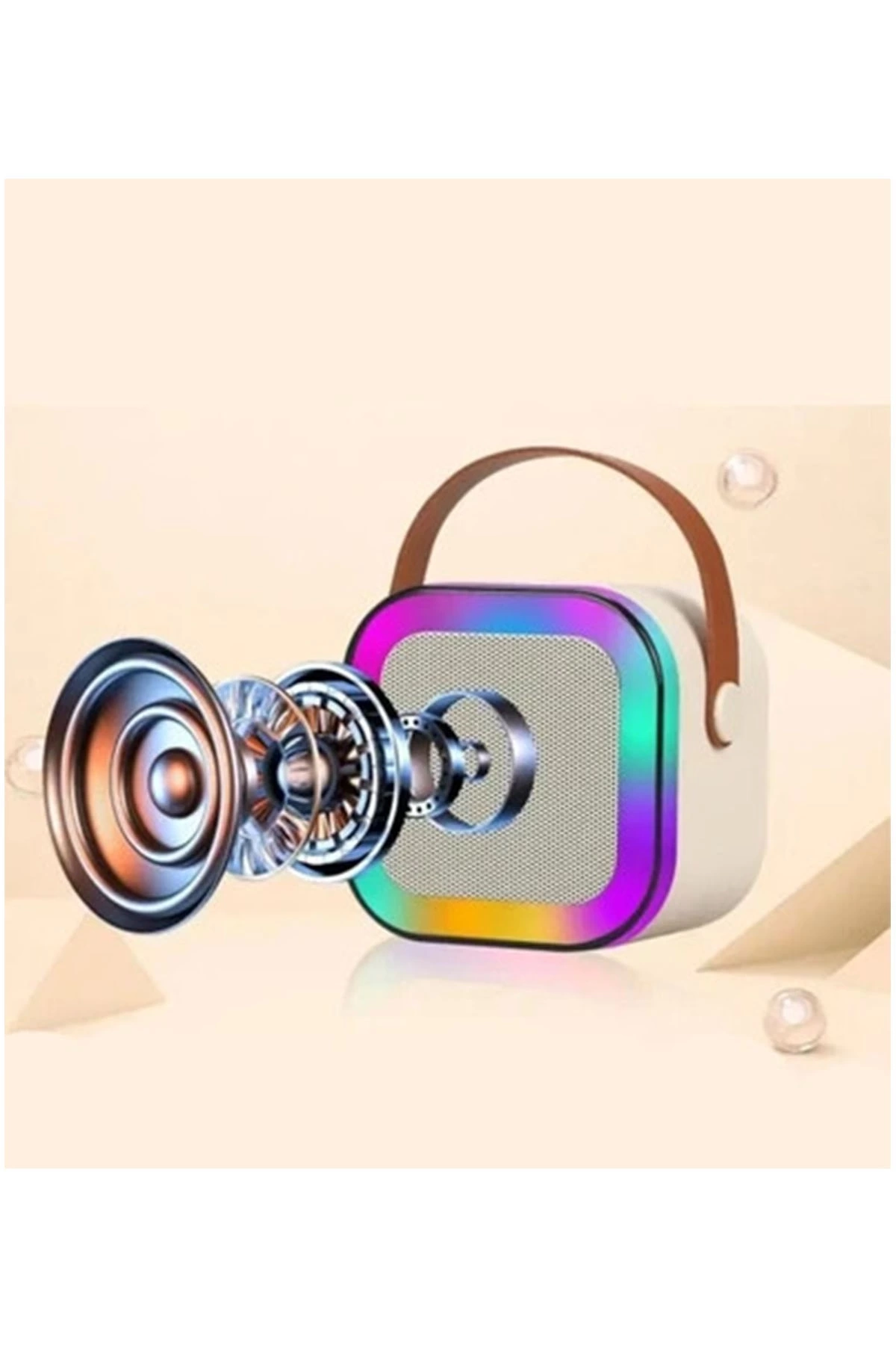 Karaoke Kablosuz Hoparlör Mikrofonlu Rgb Işıklı Bluetooth Speaker Tf Kart/usb Beyaz - Görsel 3