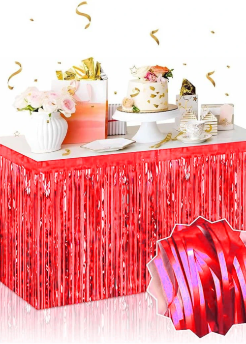 Kendinden Yapışkanlı Kırmızı Metalize Püsküllü Masa Eteği – 75 X 275 Cm Parti Süslemesi