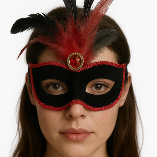 Kırmızı Dantelli Siyah Kırmızı Tüylü Siyah Süet Kaplama Parti Maskesi 17x25 Cm