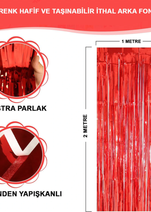 Kırmızı Renk Ekstra Metalize Parlak Saçaklı Arka Fon Perde İthal A Kalite 1x2 Metre