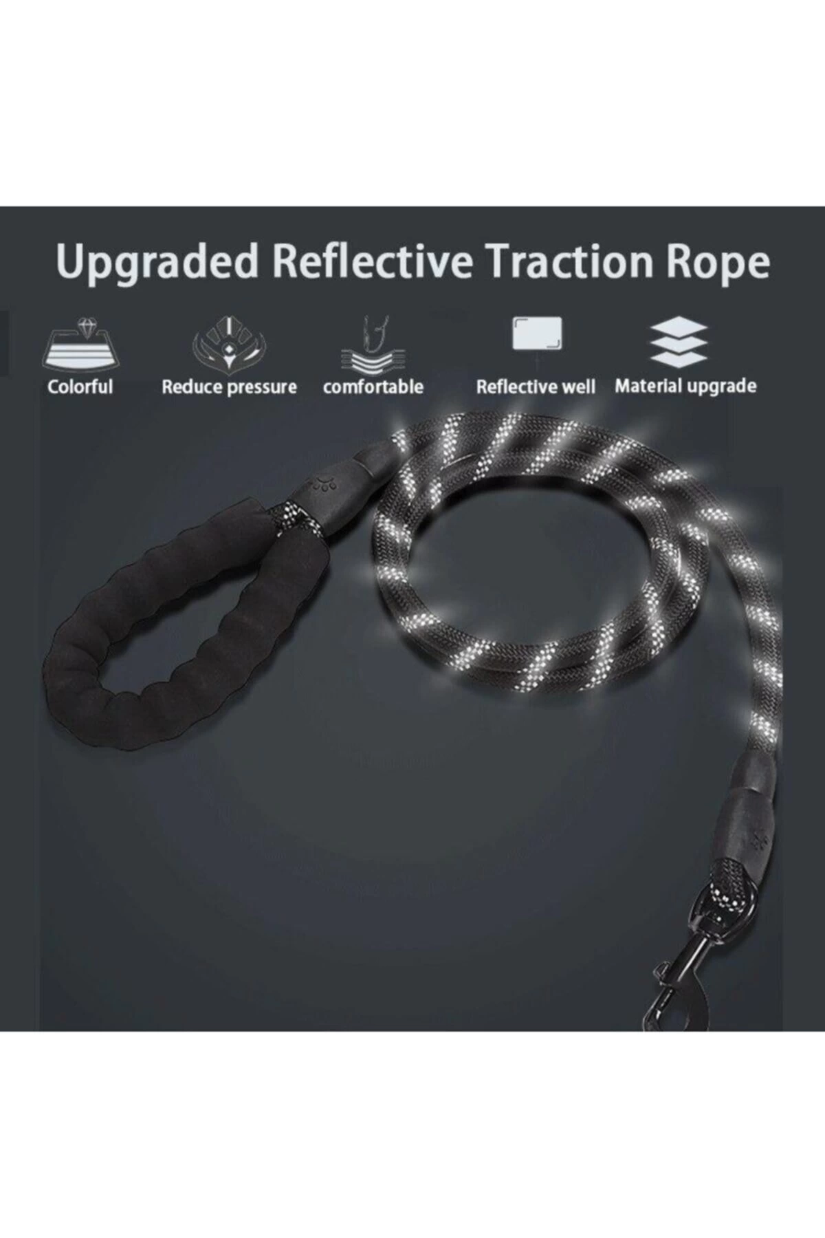 Köpekler İçin Gezdirme Tasması Reflektörlü 130 Cm Halat Orta Ve Büyük Boy Köpekler İçin Siyah - Görsel 3