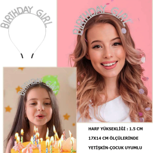 Kristal Taşlı Gümüş Birthday Girl Yazılı Doğum Günü Parti Tacı 19x11 Cm