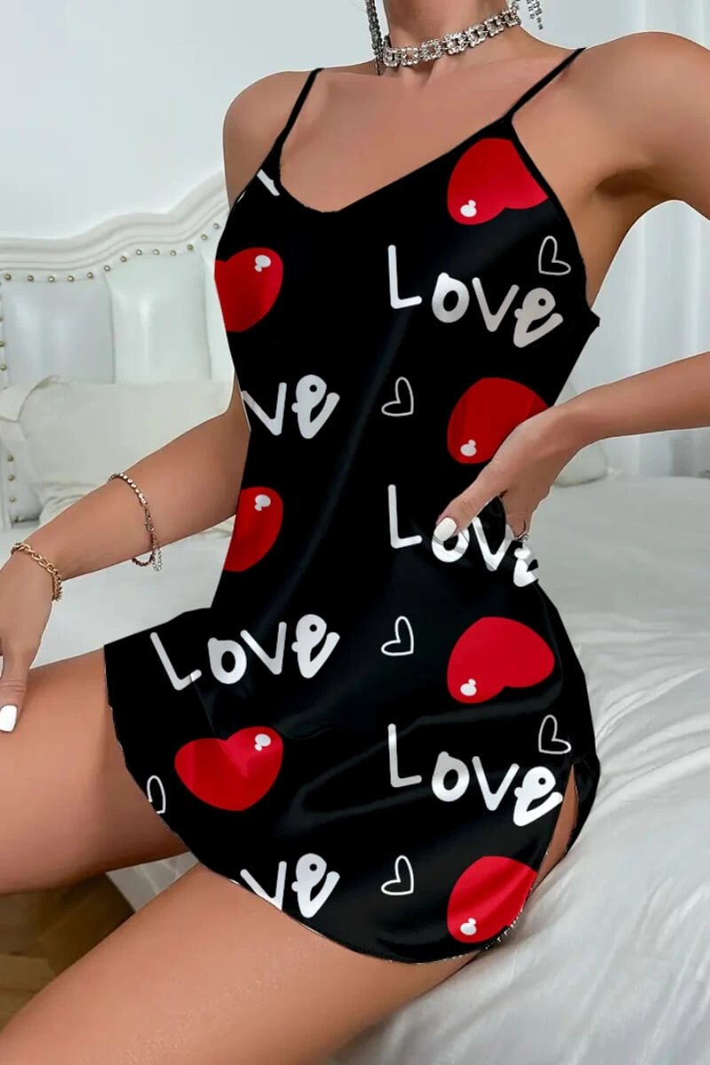 Love Desenli Siyah Saten Gecelik - Görsel 3