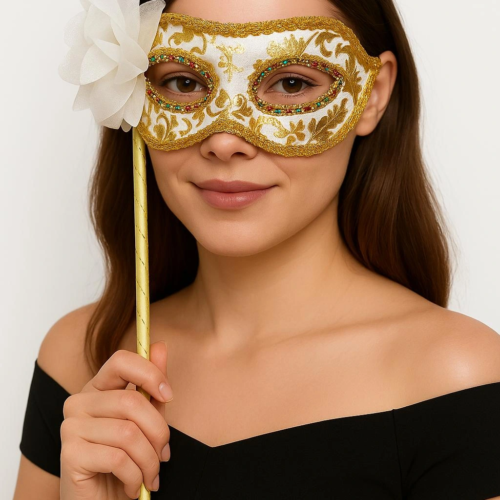 Lüks Taşlı Saplı Maskeli Balo Maskesi Beyaz Renk 35 Cm