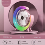 Masaüstü Vantilatör Usb Şarjlı Rgb Led Işıklı 3 Kademeli 180° Ayarlanabilir Soğutucu Fan Pembe