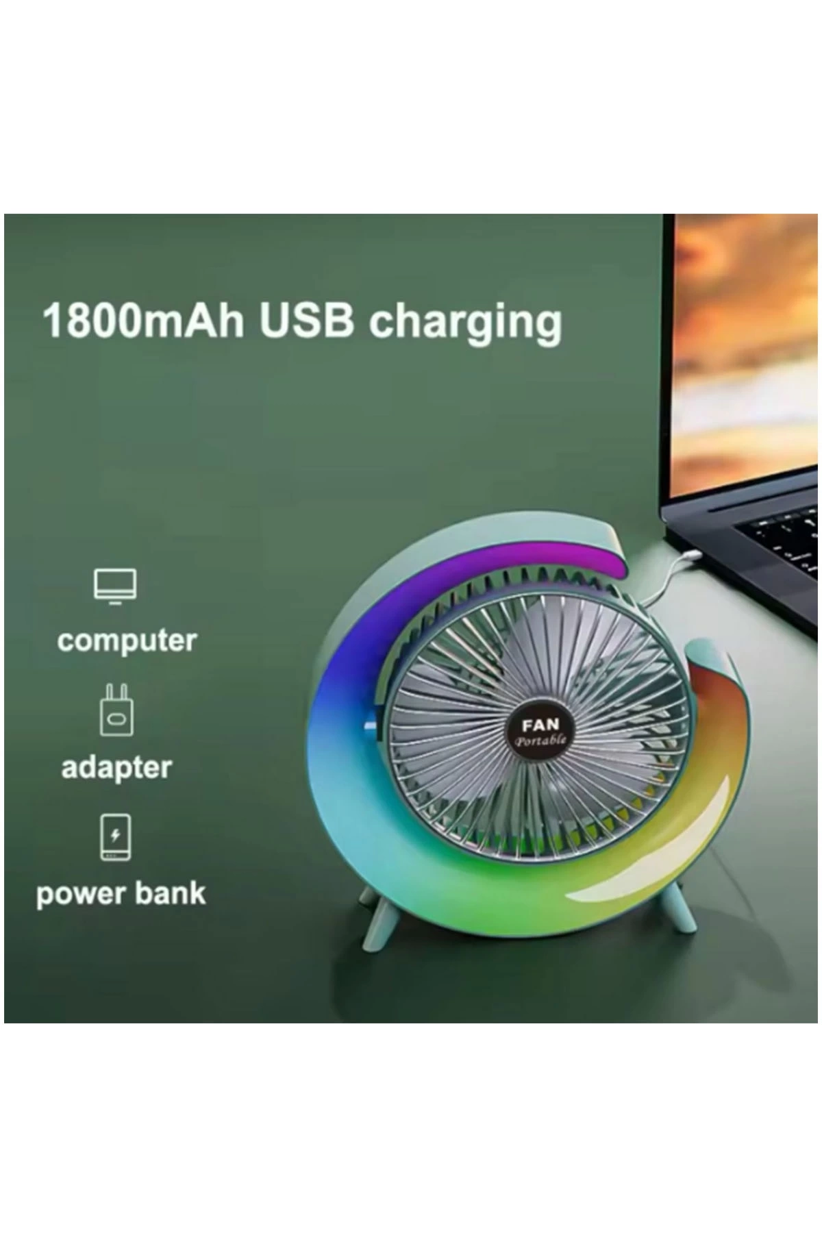 Masaüstü Vantilatör Usb Şarjlı Rgb Led Işıklı 3 Kademeli 180° Ayarlanabilir Soğutucu Fan Pembe