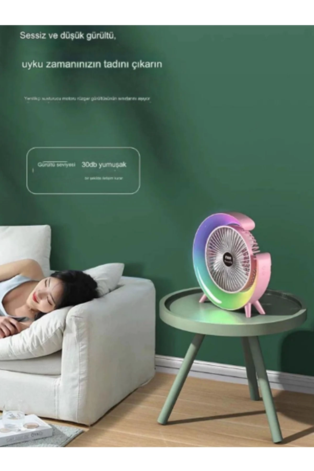 Masaüstü Vantilatör Usb Şarjlı Rgb Led Işıklı 3 Kademeli 180° Ayarlanabilir Soğutucu Fan Pembe - Görsel 3