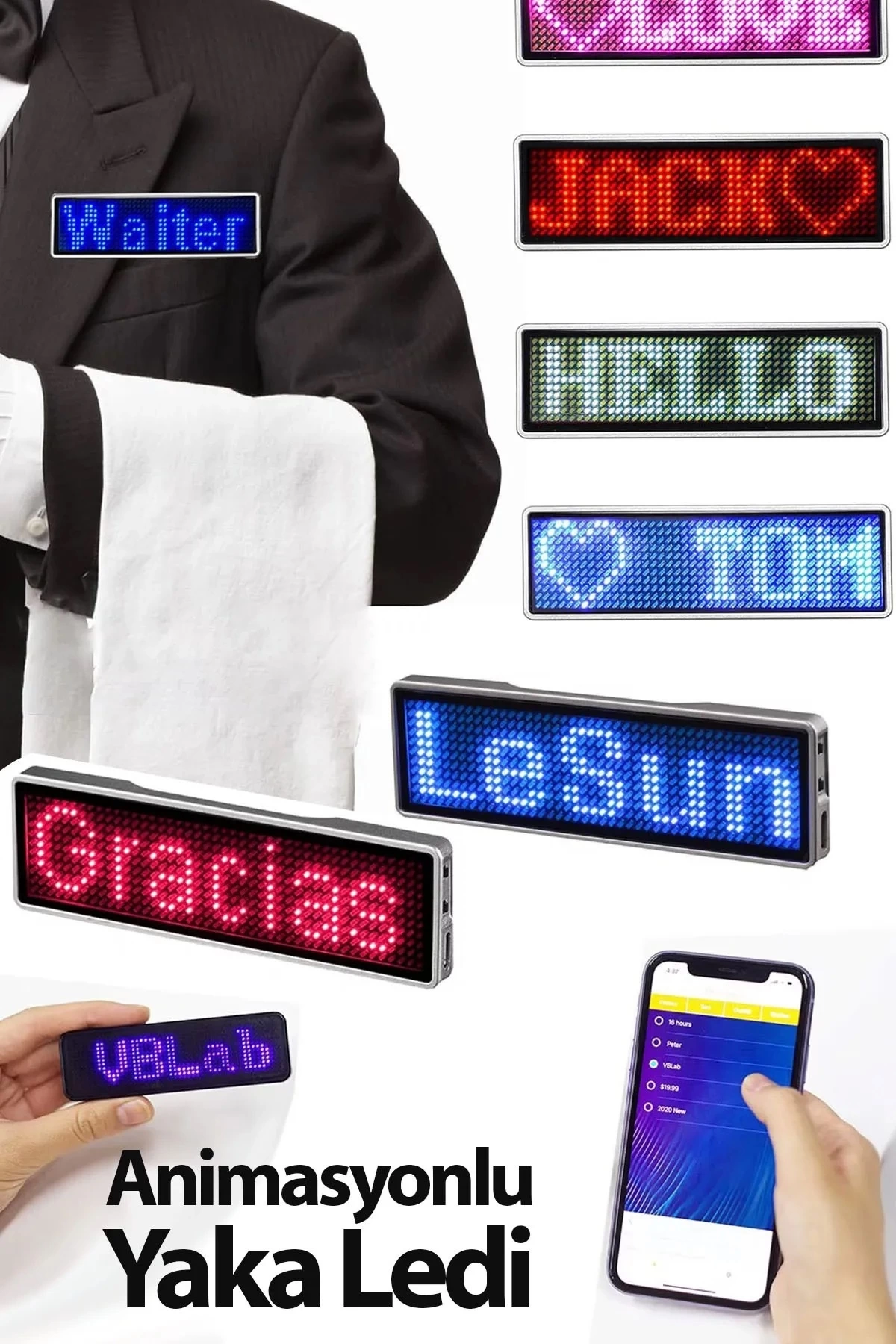 Matrix Kayan Led Yaka Rozeti Mobil Kontrollü Dijital Etiket 9×3cm