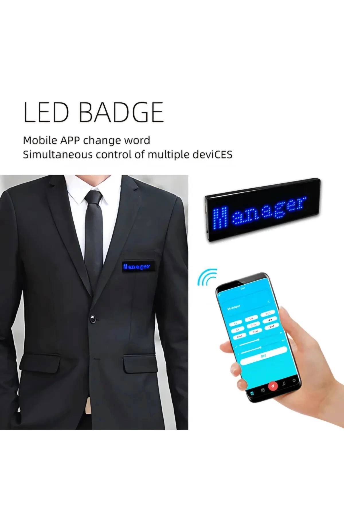 Matrix Kayan Led Yaka Rozeti Mobil Kontrollü Dijital Etiket 9×3cm