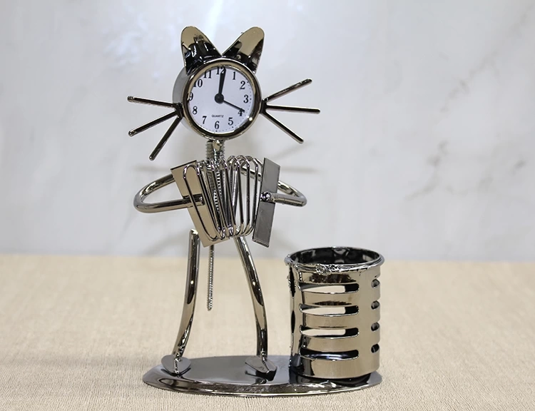 Metal Akordiyon Çalan Kedi Müzisyen Saat Ve Kalemlik Alk4344