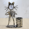 Metal Akordiyon Çalan Müzisyen Kedi Müzisyen Saat Ve Kalemlik