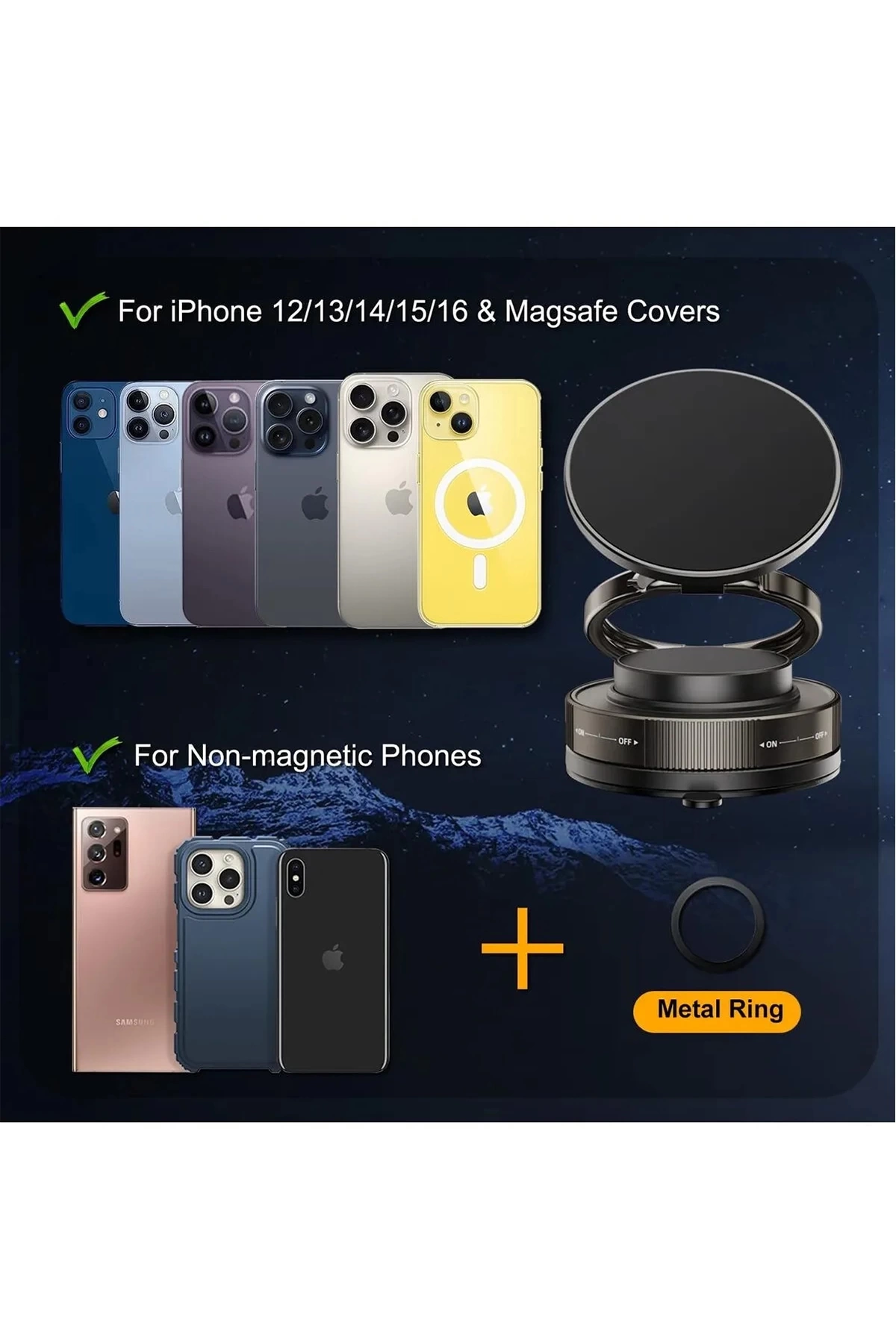 Metalik Magsafe Telefon Tutucu Tüm Yüzeylerle Uyumlu Vakumlu 360 Dönen Oynar Başlık - Görsel 3