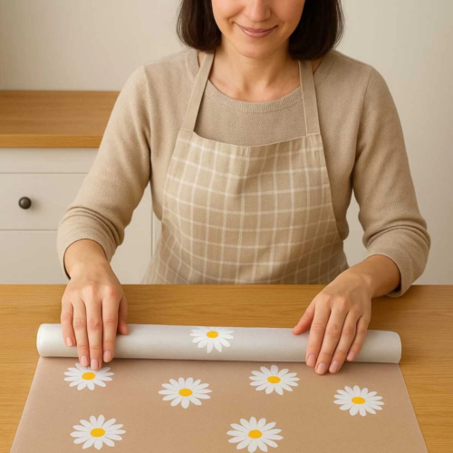 Mutfak Eva Shelf Liner Şeffaf Astar Kaymaz Dolap İçi Çekmece Örtüsü Papatya Desen Mat 45cmx10 Metre