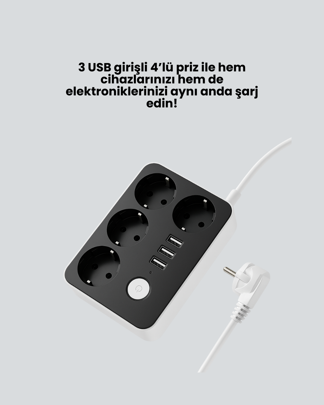 Najmaddin.com 2 1303 700x875 3 USB Çıkışlı 4’lü Akıllı Priz 2500W 2 Metre Kablo najmaddin.com dalgalanma ve elektrik gürültülerinden korur. 3 adet USB portu