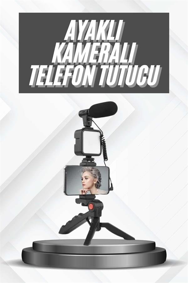 Najmaddin.com 2 1695 Telefon Tutucu Mikrofonlu Işıklı Youtuber Video Kayıt najmaddin.com LED ışık ve mini tripod içeren set