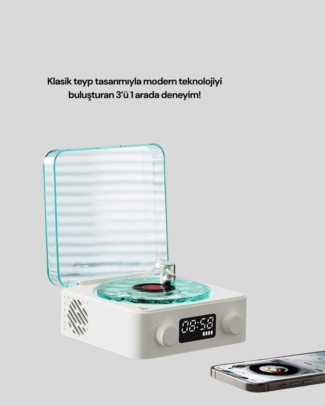 Najmaddin.com 2 2406 700x875 3-1 Kablosuz Bluetooth Hoparlör – Gece Lambalı Saatli Retro Tasarım najmaddin.com stereo Bluetooth hoparlör ve dijital saat ekranını tek bir üründe sunar. Şeffaf su dalgası efektli entegre gece ışığı
