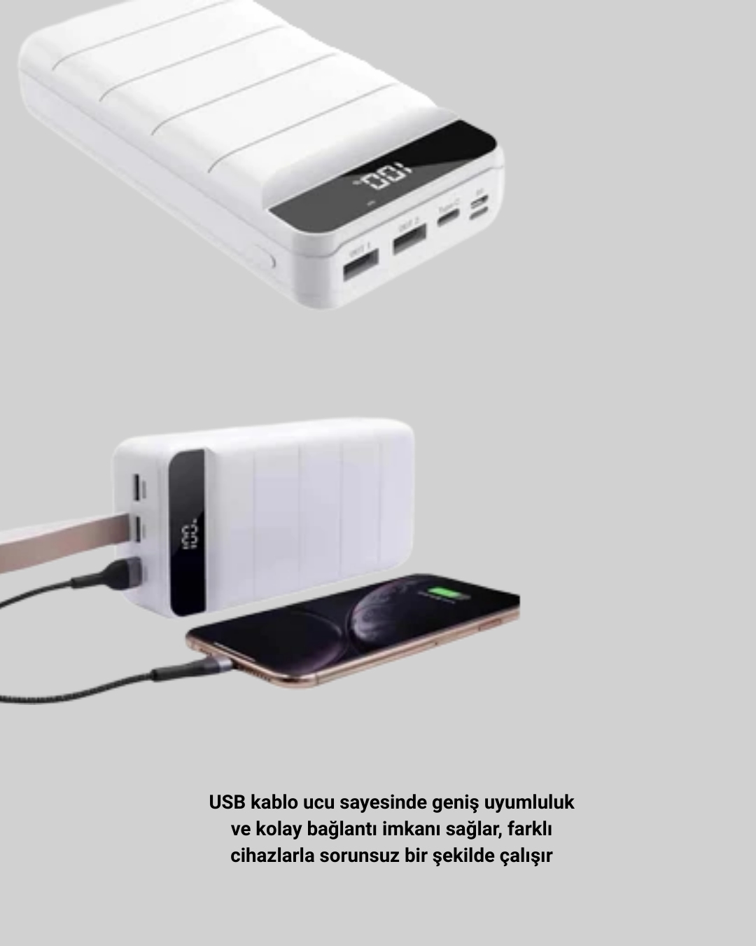 Najmaddin.com 2 292 700x875 Çoklu Cihaz Uyumlu LED Ekranlı 50000 mAh Powerbank najmaddin.com Lightning ve Type-C giriş portları ile farklı kablo tipleri ile uyumludur. Dört adet çıkış portu aynı anda çoklu cihaz şarjını destekler. LED kamp lambası gece acil durumlar için idealdir.Gelişmiş devre koruma teknolojisi ile donatılmış olan bu cihaz