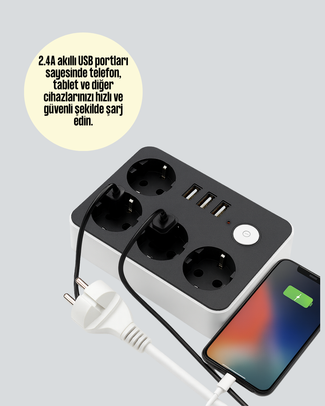 Najmaddin.com 4 1264 700x875 3 USB Çıkışlı 4’lü Akıllı Priz 2500W 2 Metre Kablo najmaddin.com tablet ve taşınabilir cihazlarınızı adaptörsüz hızlı şarj etmenize imkân tanır. 4 adet priz çıkışı sayesinde bilgisayar