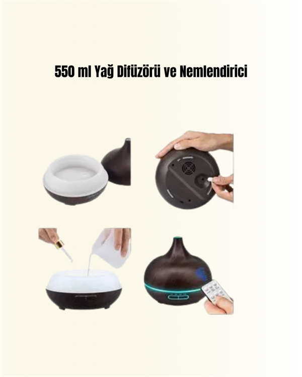 Najmaddin.com 4 1863 550 ml Ultrasonik Yağ Difüzörü ve Soğuk Buhar Nemlendirici najmaddin.com 6 saatlik zamanlayıcı seçenekleri ile birlikte sürekli açık mod da bulunur. 7 farklı LED ışık seçeneği (parlak ve loş modlu) ile rahatlatıcı bir atmosfer oluşturur.