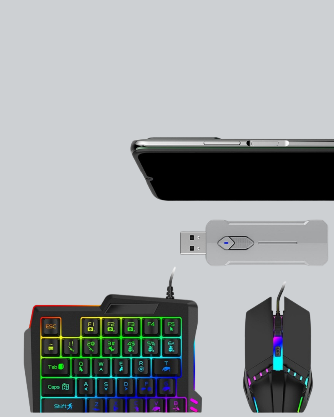 Najmaddin.com 6 1030 700x875 5’i 1 Arada Mobil Oyun Seti Klavye Mouse Dönüştürücü iOS & Android najmaddin.com böylece cihaz fark etmeksizin kolay kullanım sunar. Ergonomik tasarımı sayesinde uzun süreli oyun seanslarında bilek ve el yorgunluğunu azaltır. Dayanıklı malzemelerden üretilmiş olup