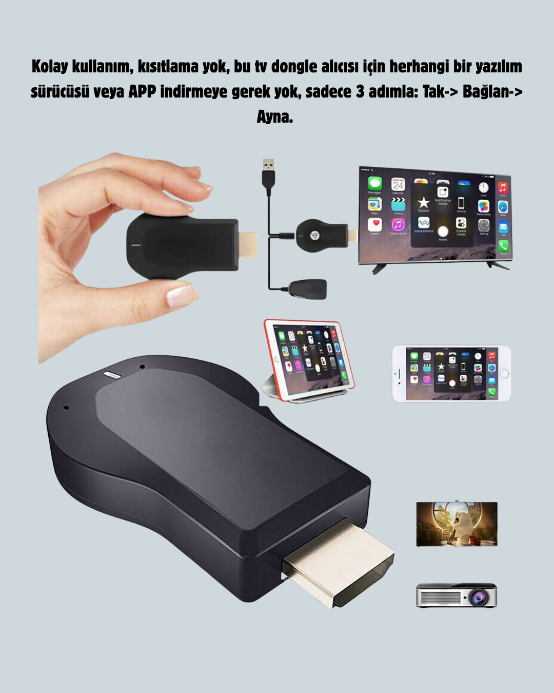 Najmaddin.com 6 1684 700x875 Yazılım Gerektirmeyen Kablosuz Mirroring Adaptörü – 1080p HD Görüntü Kalitesi najmaddin.com ardından cihazınızla eşleştirin ve yansıtma işlemini başlatın. Kompakt tasarımı sayesinde taşınabilir; hem evde hem iş ortamında hem sınıflarda hem de seyahatlerde kullanılabilir. Göz sağlığınız düşünülerek geliştirilmiş bu cihaz