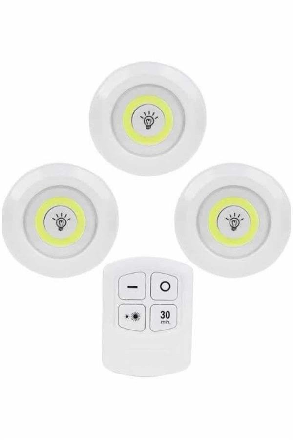 Najmaddin.com 2102 Kablosuz Pilli Işıldak Masa Lambası Mutfak Tezgah Altı Banyo Dolabı Dolap İçi najmaddin.com Kablosuz Kumandalı LED Spot Lamba Seti | 3’lü Paket | Işık Ayarı