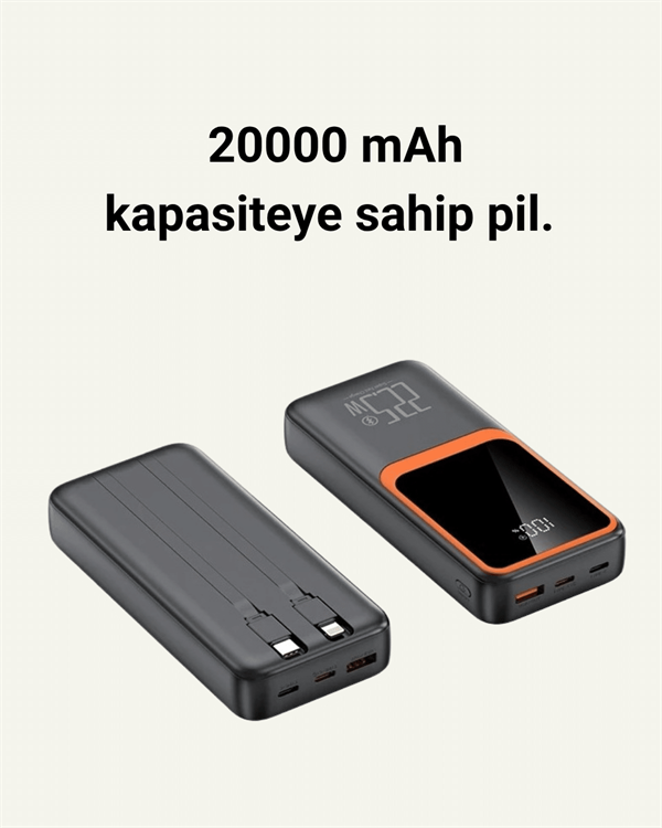 Najmaddin.com 2781 20.000 mAh Powerbank – 22.5W Hızlı Şarj Çok Kablolu Dijital Göstergeli najmaddin.com Yüksek kapasiteli 20000 mAh powerbank ile gün boyu kesintisiz enerji! 22.5W hızlı şarj desteği sayesinde cihazlarınızı çok daha kısa sürede şarj eder. Üzerindeki dijital ekran ile kalan şarj seviyesini anlık olarak görebilirsiniz. Çok kablolu yapısı sayesinde ekstra kablo taşımanıza gerek kalmaz. Hem pratik hem güçlü!