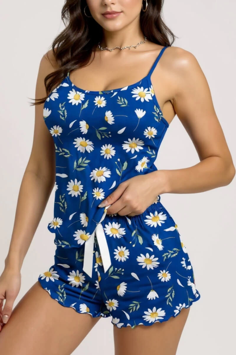 Papatya Desenli Mavi Askılı Şortlu Pijama Takımı - Görsel 2
