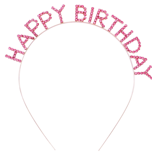 Pembe Renk Kristal Taşlı Gold Renk Kaplama Happy Birthday Taç 16x17 cm