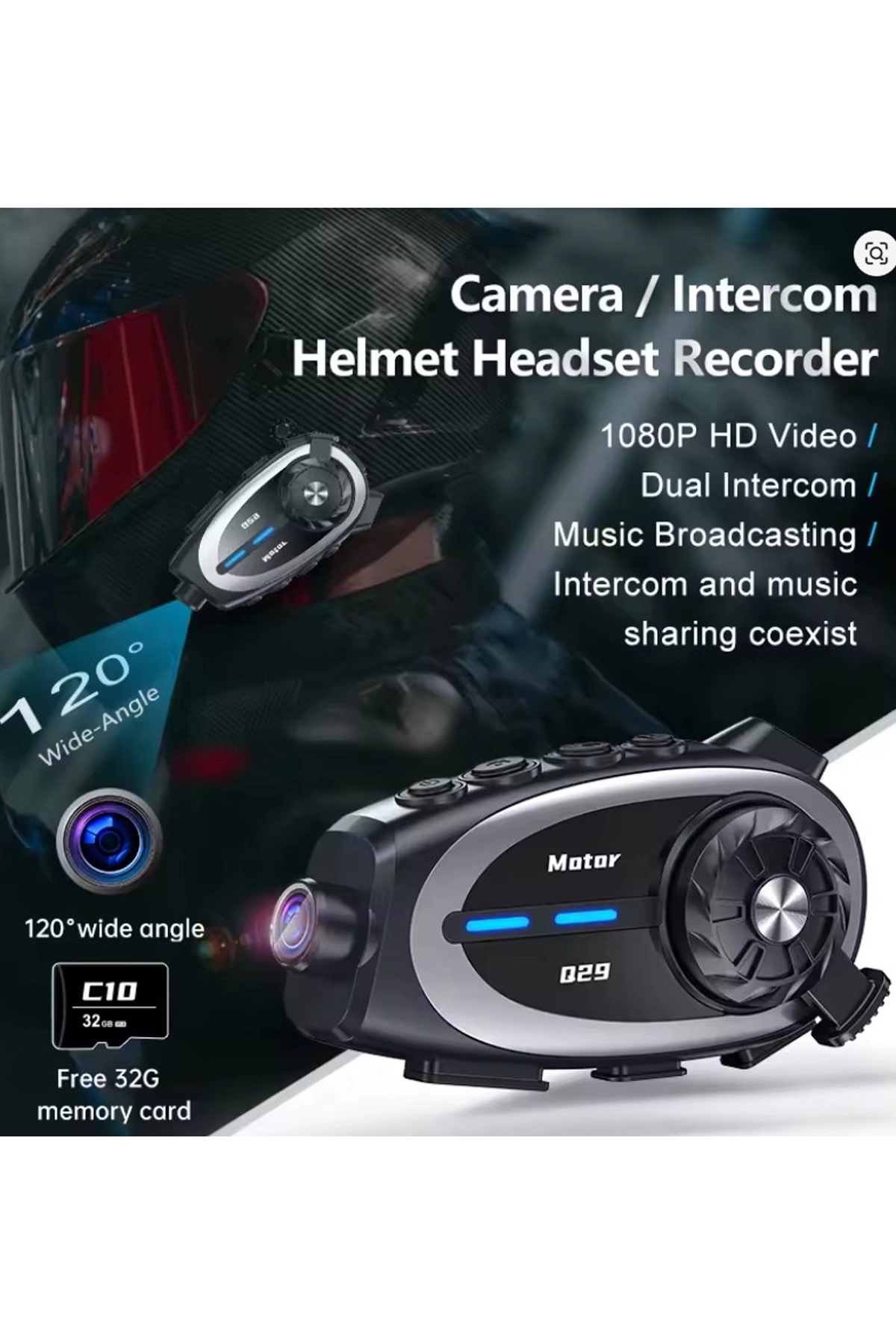 Q29 Motosiklet Kask Bluetooth Kulaklık Eşleşmeli 1080p Kamera Geniş Açı Su Geçirmez Intercom - Görsel 3