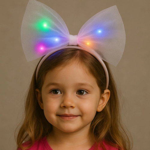 Rengarenk Led Işıklı Fiyonk Şekilli Tül Parti Tacı Beyaz Renk 25x25 Cm