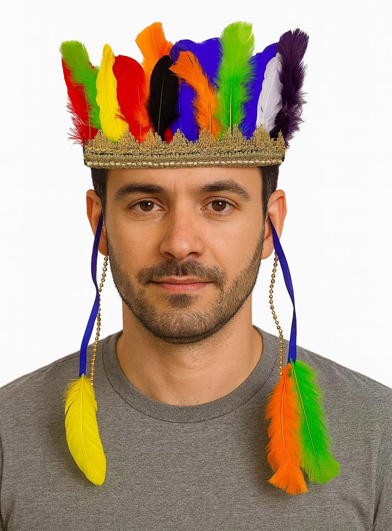 Rengarenk Tüylerle İşlenmiş Lastikli Kızılderili Başlığı