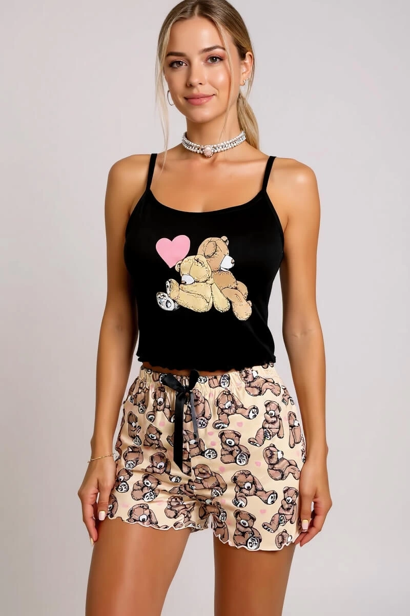 Renkli Ayıcık Desenli Askılı Şortlu Kadın Pijama Takımı - Görsel 3
