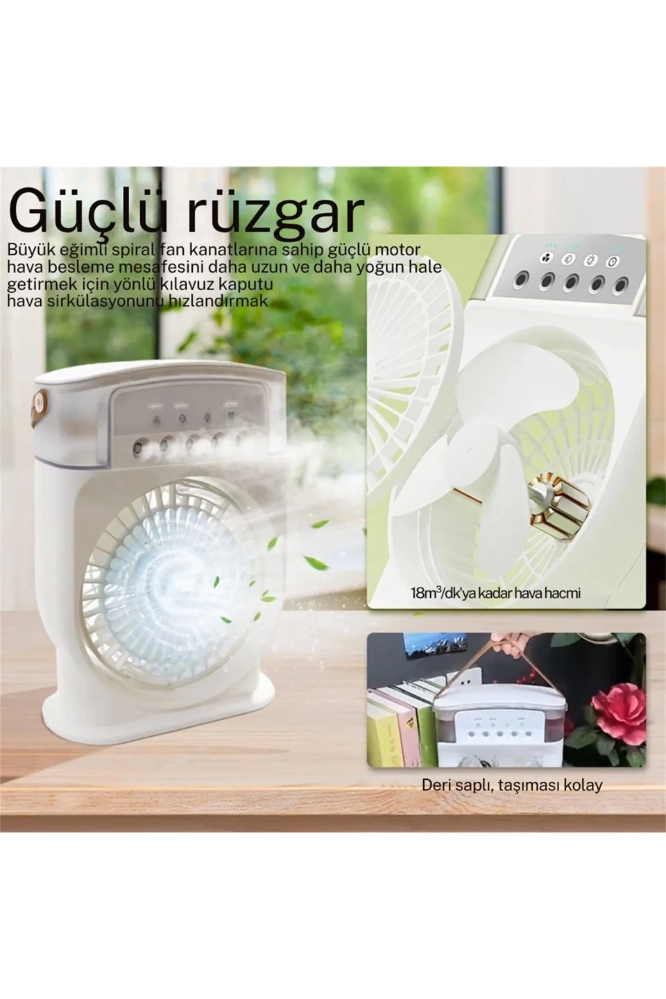 Şarjlı 600 Ml Su Hazneli Taşınabilir Masaüstü Vanilatör Güçlü Fan Ve 2000 Mah Pil Beyaz - Görsel 3