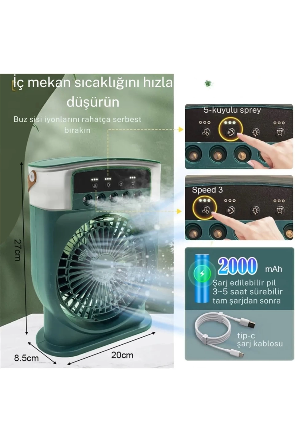 Şarjlı 600 Ml Su Hazneli Taşınabilir Masaüstü Vanilatör Güçlü Fan Ve 2000 Mah Pil Yeşil - Görsel 3