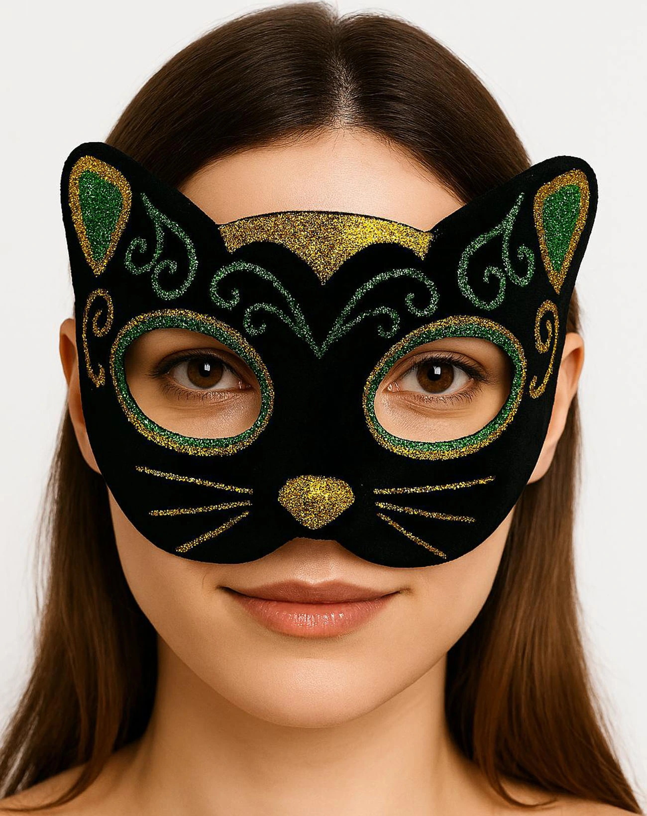 Siyah Kadife Kaplama Üzeri Sarı Yeşil Sim İşlemeli Kedi Maskesi 20x13 Cm