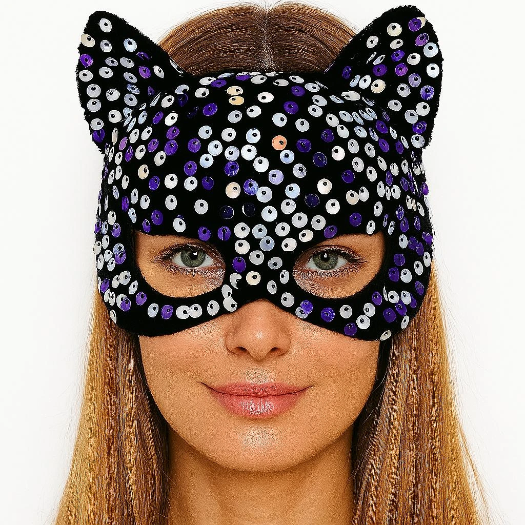 Siyah Kadife Kumaş Üzerine Mor Beyaz Payetli Pullu Parti Maskesi 16x14 Cm