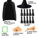 Siyah Kapüşonlu Pelerin 120 cm Tırnaklar Diş Çene Burun ve Şapka Seti