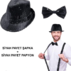 Siyah Payetli Şapka Ve Papyon Seti – Parıltılı Yetişkin Kostüm Seti